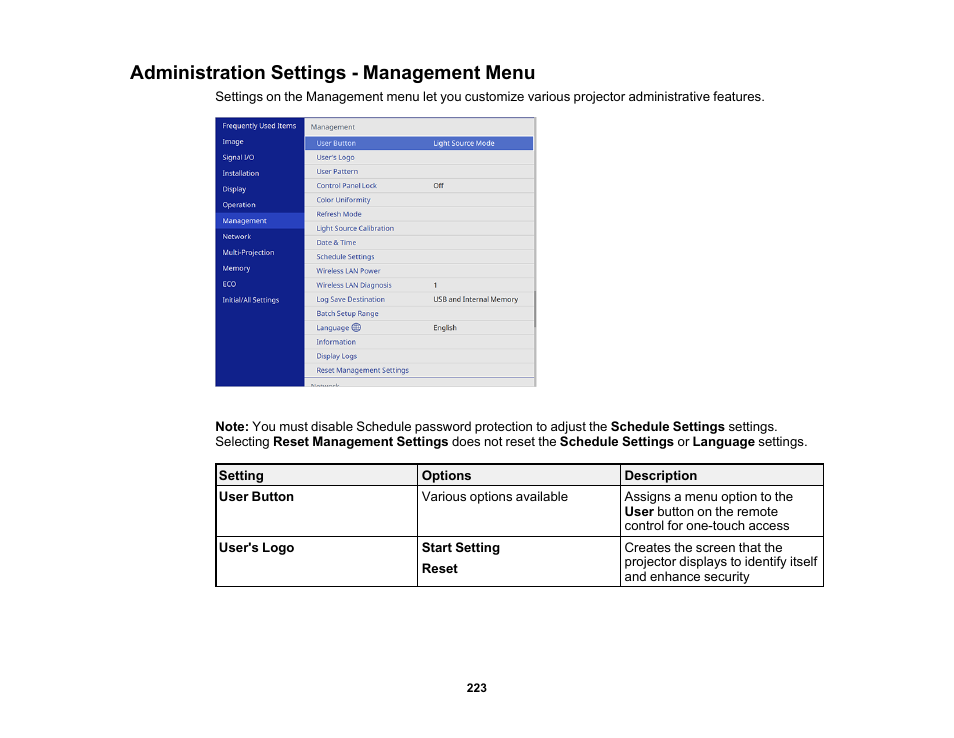 Administration settings - management menu | Epson PowerLite 800F 5000-Lumen Pixel-Shift Full HD Ultra-Short Throw Laser 3LCD Projector (White) User Manual | Page 223 / 304