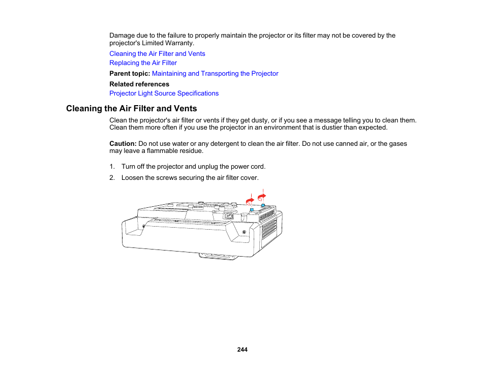 Cleaning the air filter and vents | Epson PowerLite 800F 5000-Lumen Pixel-Shift Full HD Ultra-Short Throw Laser 3LCD Projector (White) User Manual | Page 244 / 304