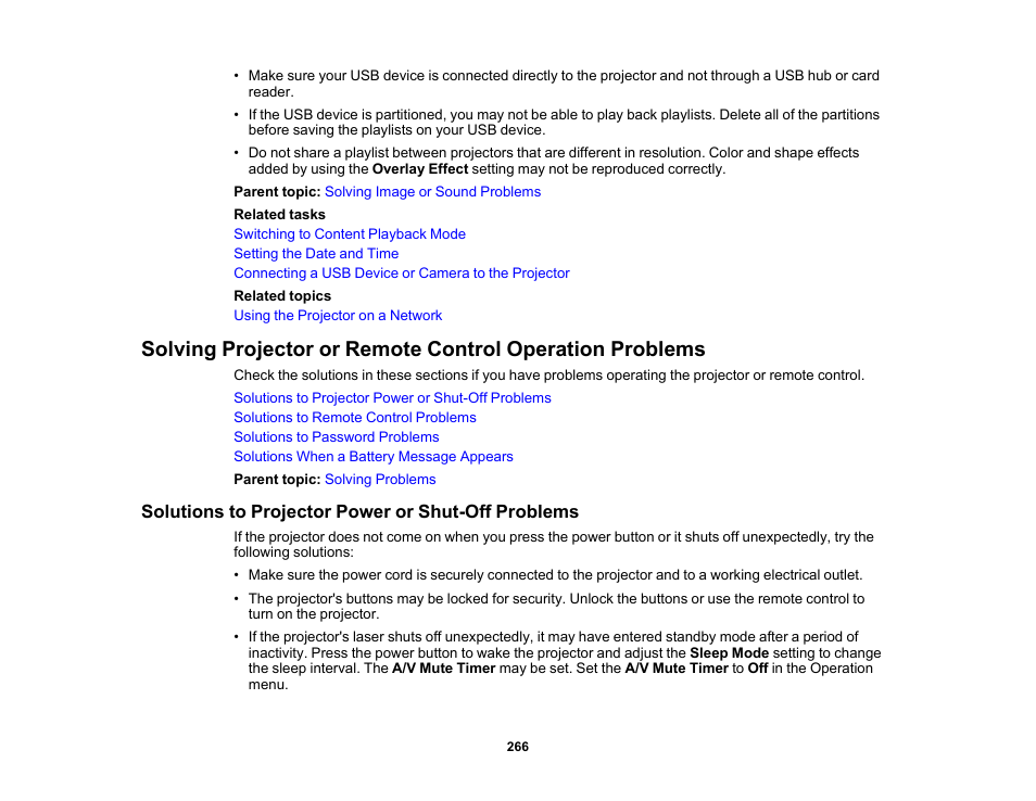 Solutions to projector power or shut-off problems | Epson PowerLite 800F 5000-Lumen Pixel-Shift Full HD Ultra-Short Throw Laser 3LCD Projector (White) User Manual | Page 266 / 304