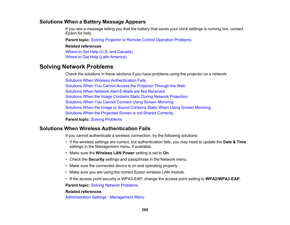 Solutions when a battery message appears, Solving network problems, Solutions when wireless authentication fails | Epson PowerLite 800F 5000-Lumen Pixel-Shift Full HD Ultra-Short Throw Laser 3LCD Projector (White) User Manual | Page 269 / 304