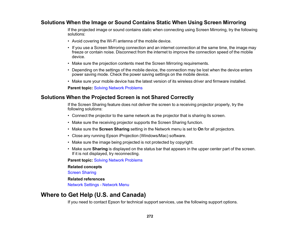 Where to get help (u.s. and canada) | Epson PowerLite 800F 5000-Lumen Pixel-Shift Full HD Ultra-Short Throw Laser 3LCD Projector (White) User Manual | Page 272 / 304