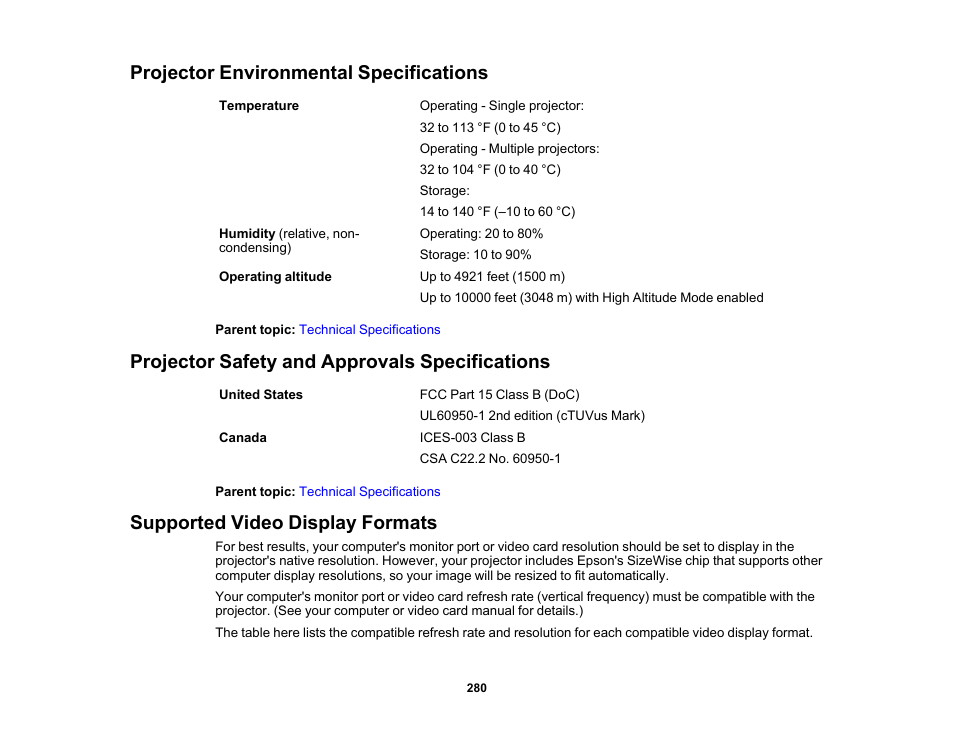 Projector environmental specifications, Projector safety and approvals specifications, Supported video display formats | Epson PowerLite 800F 5000-Lumen Pixel-Shift Full HD Ultra-Short Throw Laser 3LCD Projector (White) User Manual | Page 280 / 304