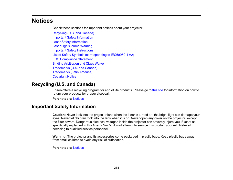 Notices, Recycling (u.s. and canada), Important safety information | Epson PowerLite 800F 5000-Lumen Pixel-Shift Full HD Ultra-Short Throw Laser 3LCD Projector (White) User Manual | Page 284 / 304