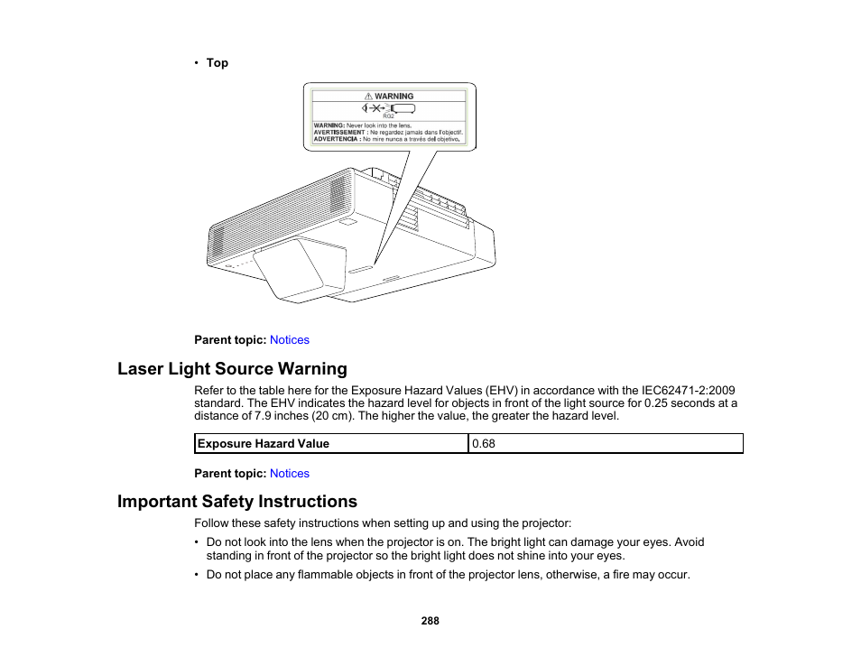 Laser light source warning, Important safety instructions | Epson PowerLite 800F 5000-Lumen Pixel-Shift Full HD Ultra-Short Throw Laser 3LCD Projector (White) User Manual | Page 288 / 304