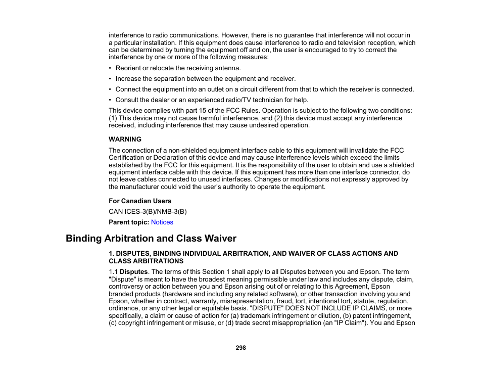 Binding arbitration and class waiver | Epson PowerLite 800F 5000-Lumen Pixel-Shift Full HD Ultra-Short Throw Laser 3LCD Projector (White) User Manual | Page 298 / 304