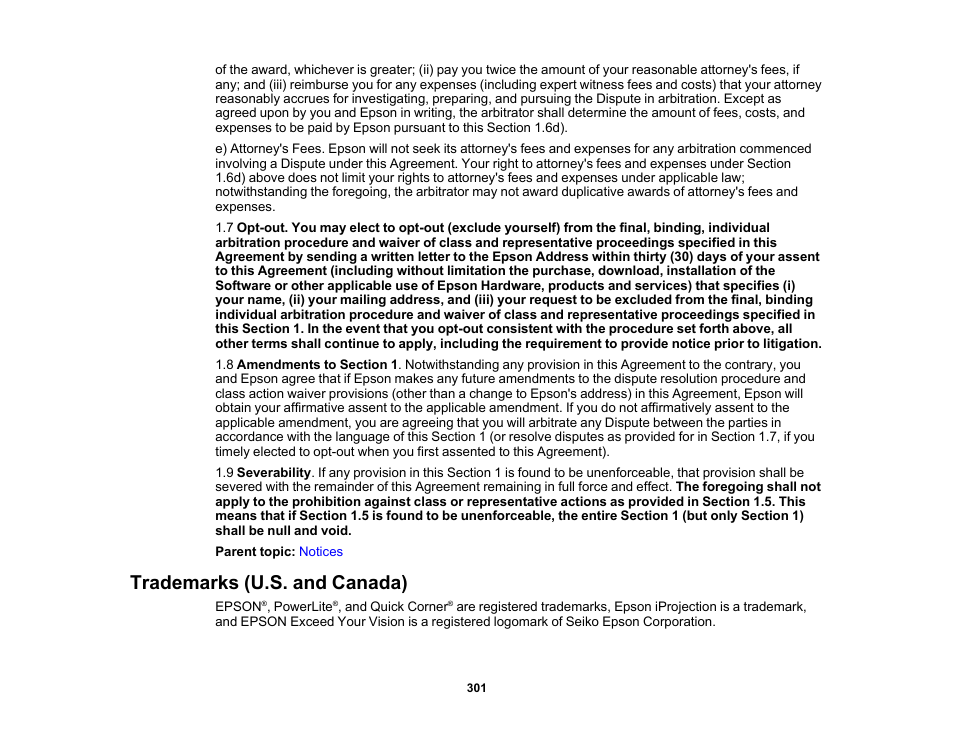 Trademarks (u.s. and canada) | Epson PowerLite 800F 5000-Lumen Pixel-Shift Full HD Ultra-Short Throw Laser 3LCD Projector (White) User Manual | Page 301 / 304