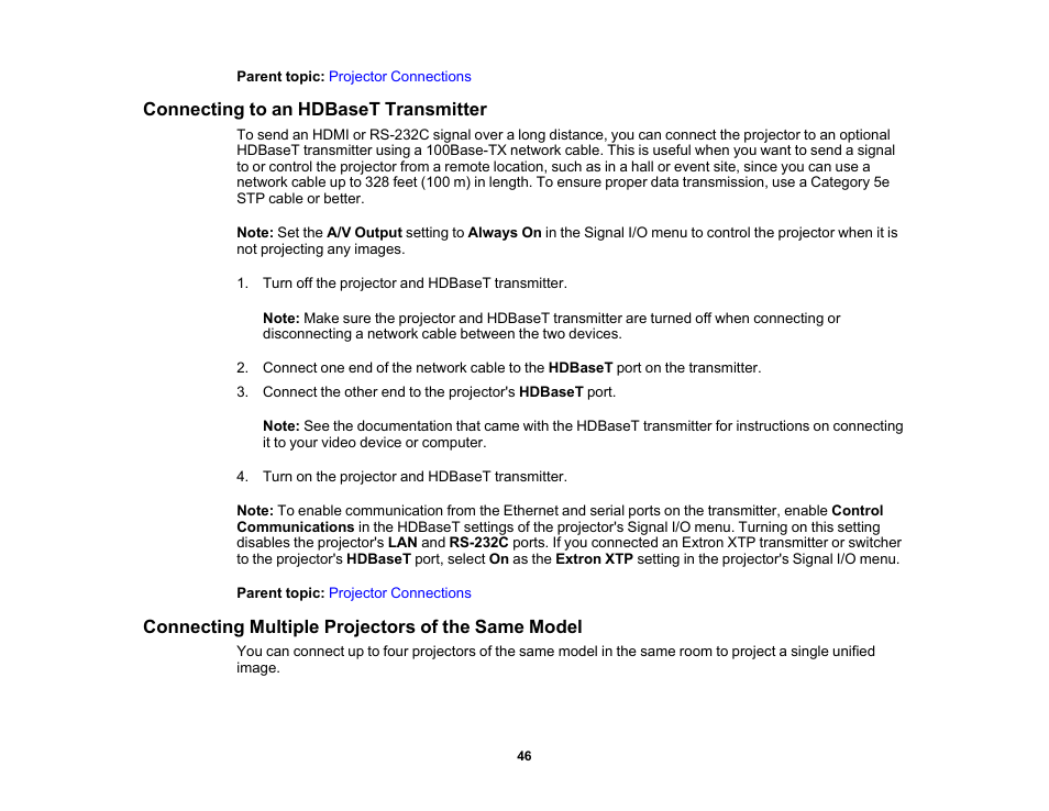 Connecting to an hdbaset transmitter, Connecting multiple projectors of the same model | Epson PowerLite 800F 5000-Lumen Pixel-Shift Full HD Ultra-Short Throw Laser 3LCD Projector (White) User Manual | Page 46 / 304