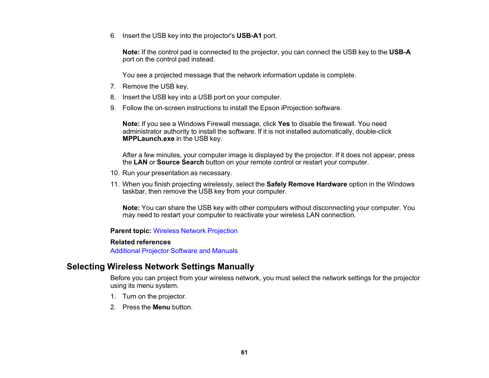 Selecting wireless network settings manually | Epson PowerLite 800F 5000-Lumen Pixel-Shift Full HD Ultra-Short Throw Laser 3LCD Projector (White) User Manual | Page 61 / 304