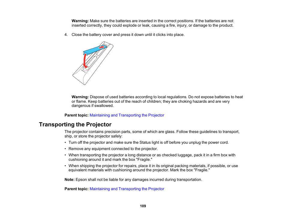 Transporting the projector | Epson EpiqVision Ultra LS800 4000-Lumen Pixel-Shift 4K UHD Ultra-Short Throw Laser 3LCD Smart Home Theater Projector (Black) User Manual | Page 109 / 154