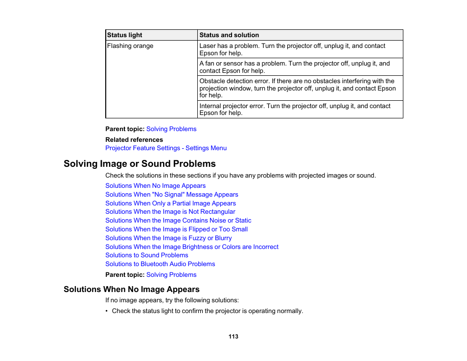 Solving image or sound problems, Solutions when no image appears | Epson EpiqVision Ultra LS800 4000-Lumen Pixel-Shift 4K UHD Ultra-Short Throw Laser 3LCD Smart Home Theater Projector (Black) User Manual | Page 113 / 154
