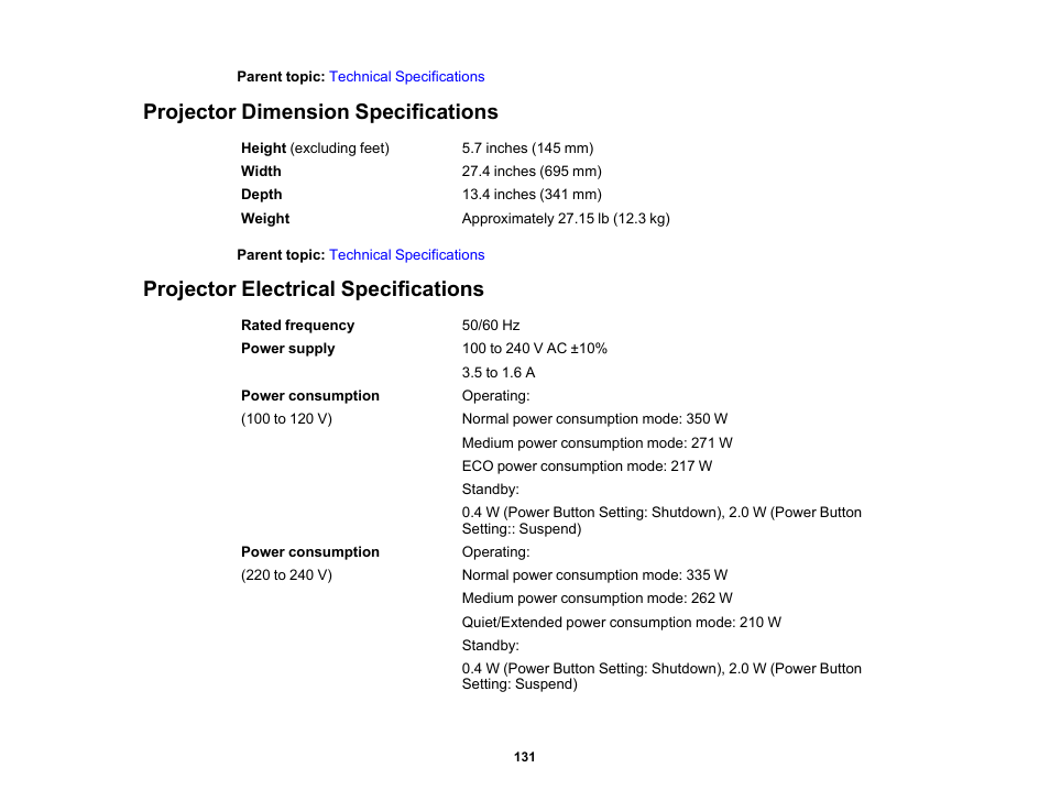 Projector dimension specifications, Projector electrical specifications | Epson EpiqVision Ultra LS800 4000-Lumen Pixel-Shift 4K UHD Ultra-Short Throw Laser 3LCD Smart Home Theater Projector (Black) User Manual | Page 131 / 154