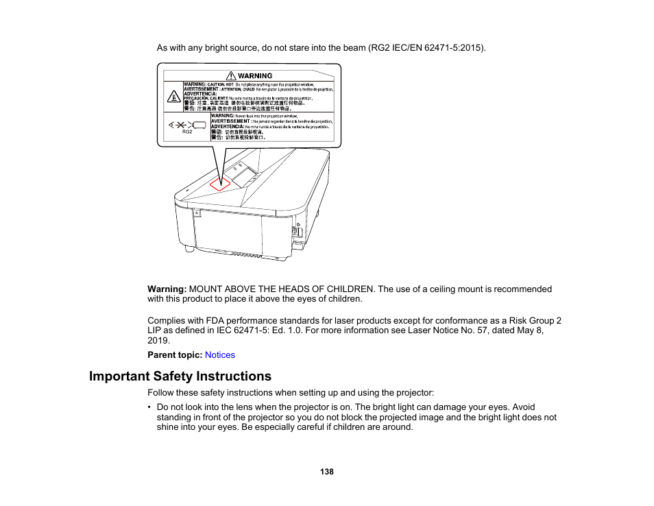 Important safety instructions | Epson EpiqVision Ultra LS800 4000-Lumen Pixel-Shift 4K UHD Ultra-Short Throw Laser 3LCD Smart Home Theater Projector (Black) User Manual | Page 138 / 154