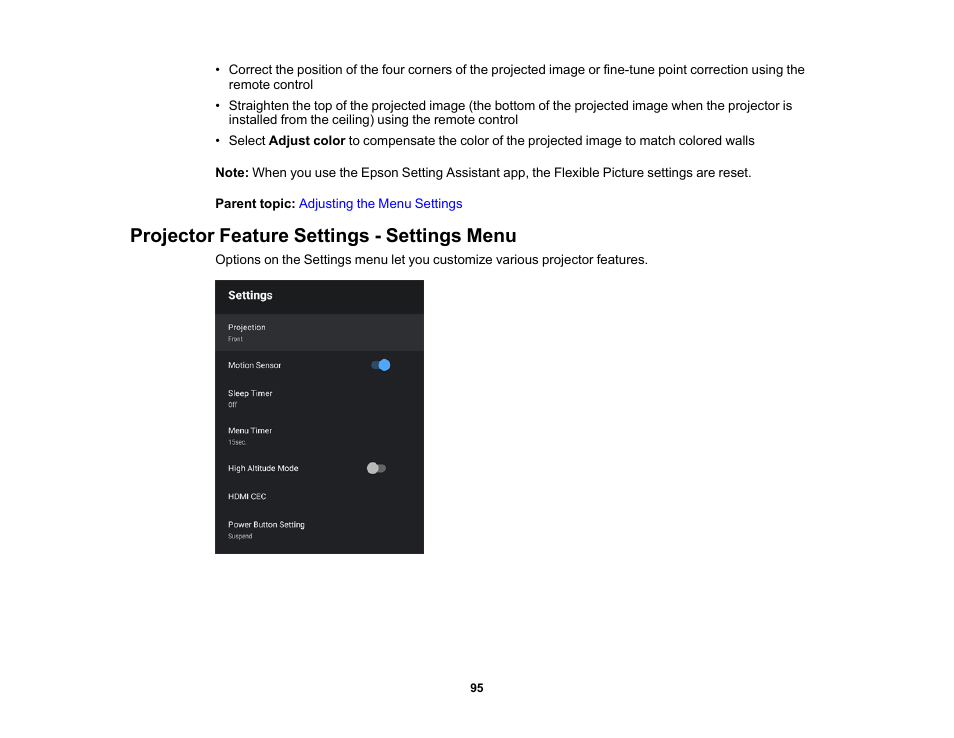 Projector feature settings - settings menu | Epson EpiqVision Ultra LS800 4000-Lumen Pixel-Shift 4K UHD Ultra-Short Throw Laser 3LCD Smart Home Theater Projector (Black) User Manual | Page 95 / 154