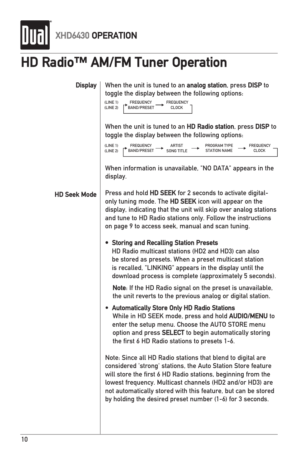 Hd radio™ am/fm tuner operation, Xhd6430 operation | Dual XHD6430 User Manual | Page 10 / 32