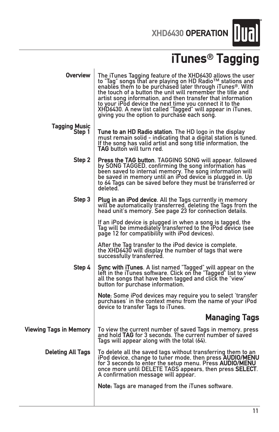 Itunes, Tagging, Xhd6430 operation | Managing tags | Dual XHD6430 User Manual | Page 11 / 32