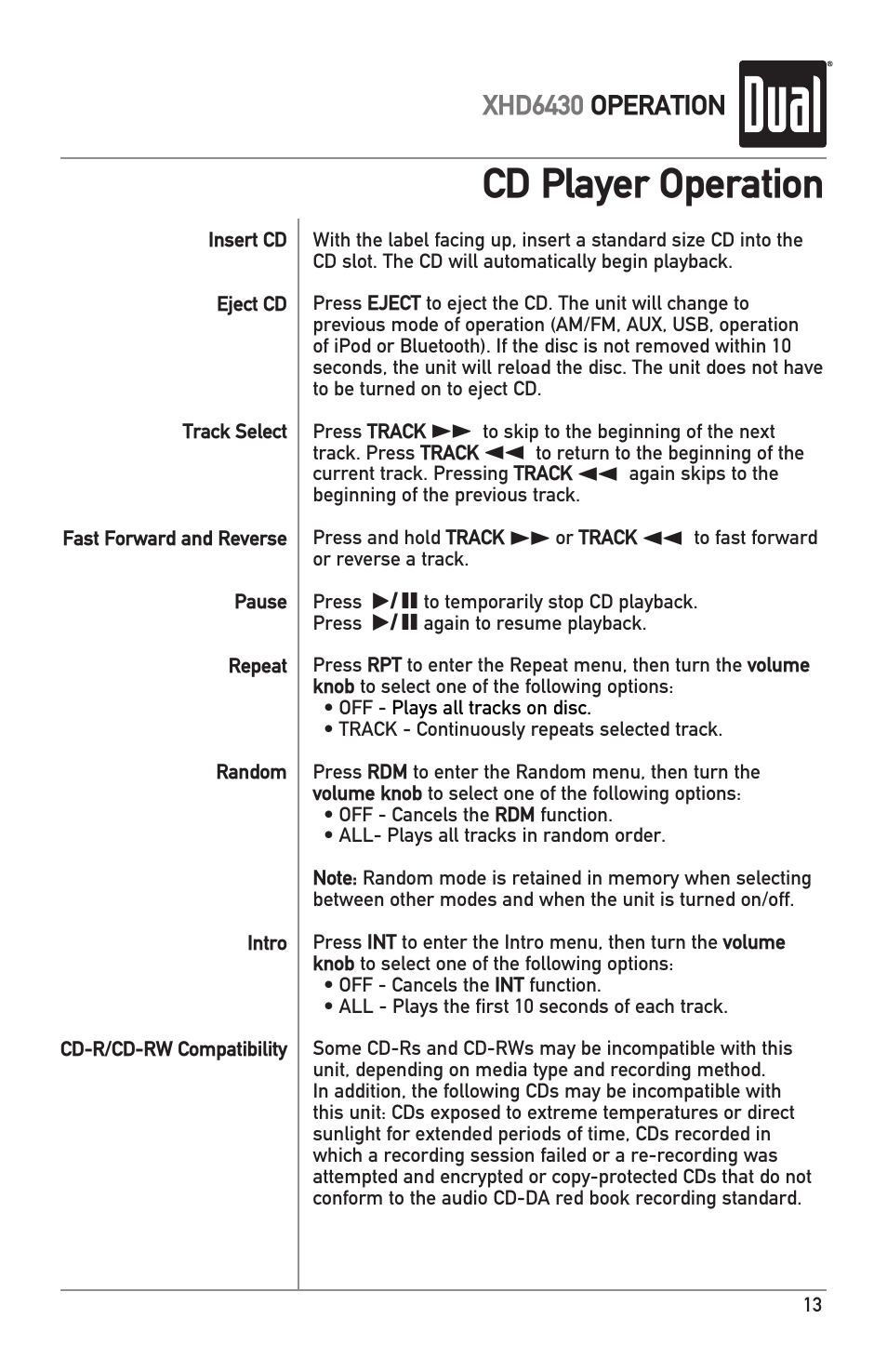 Cd player operation, Xhd6430 operation | Dual XHD6430 User Manual | Page 13 / 32