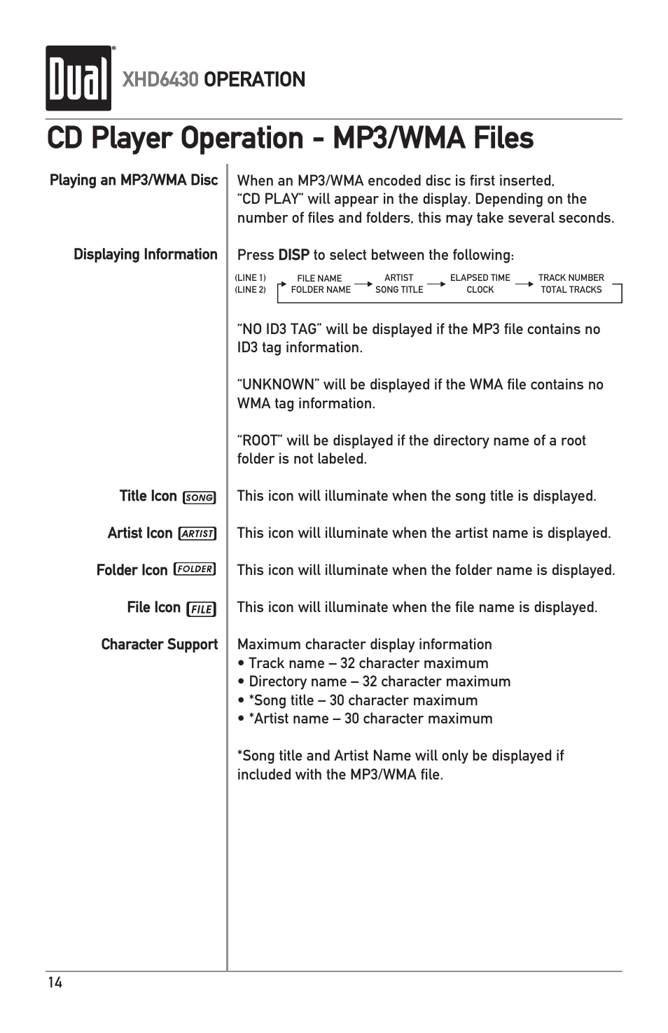 Cd player operation - mp3/wma files, Xhd6430 operation | Dual XHD6430 User Manual | Page 14 / 32