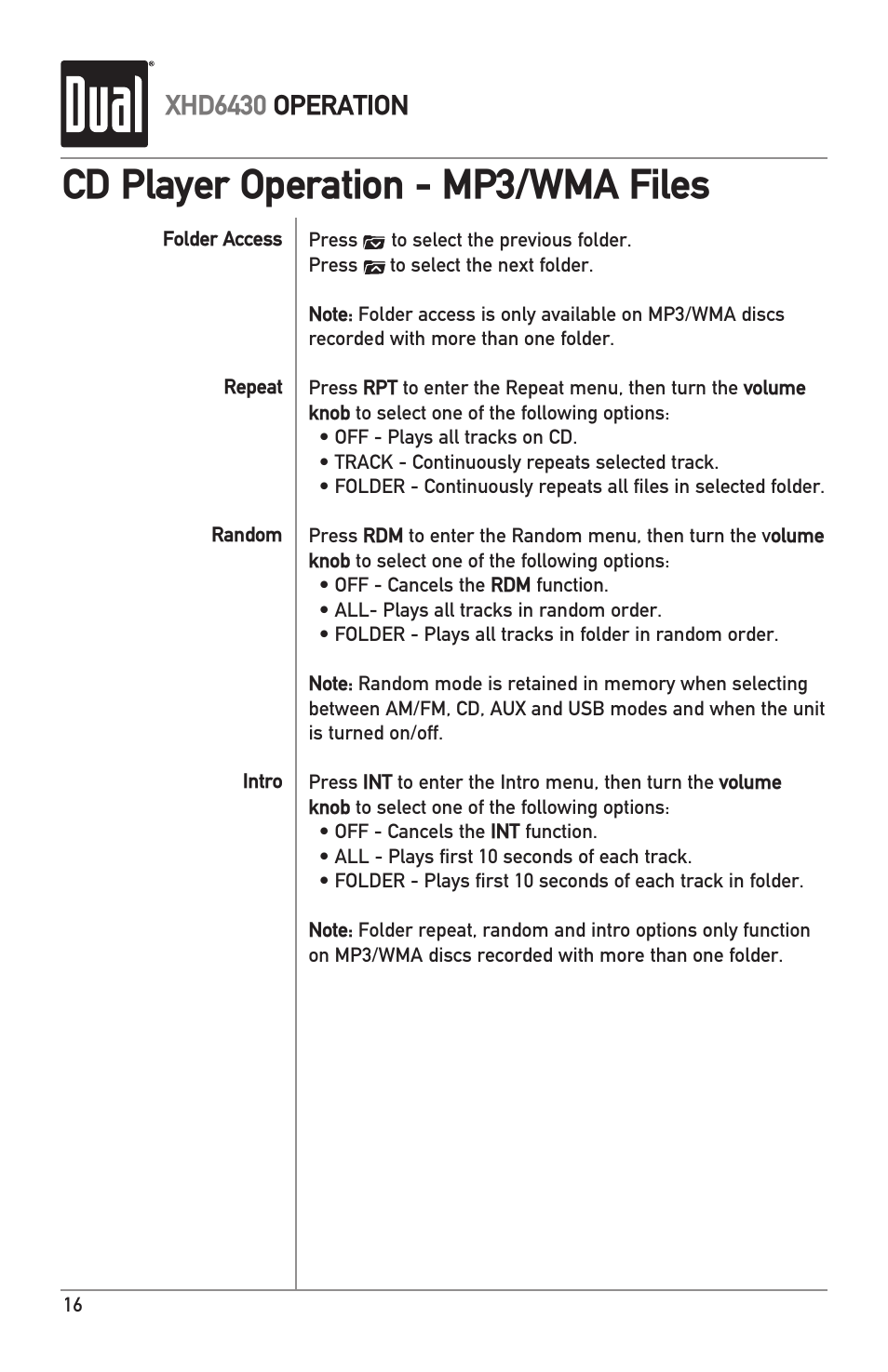 Cd player operation - mp3/wma files, Xhd6430 operation | Dual XHD6430 User Manual | Page 16 / 32
