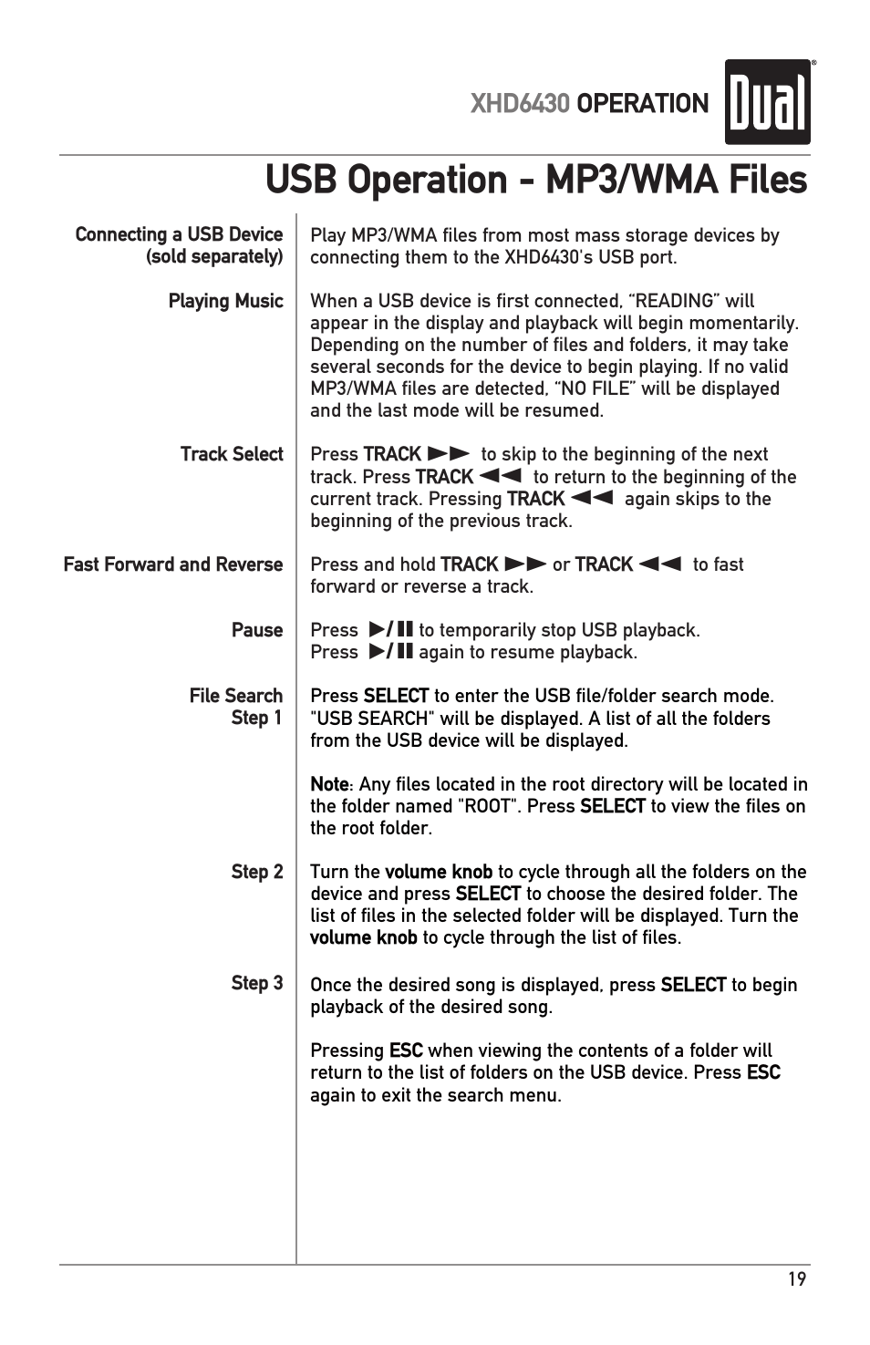 Usb operation - mp3/wma files | Dual XHD6430 User Manual | Page 19 / 32