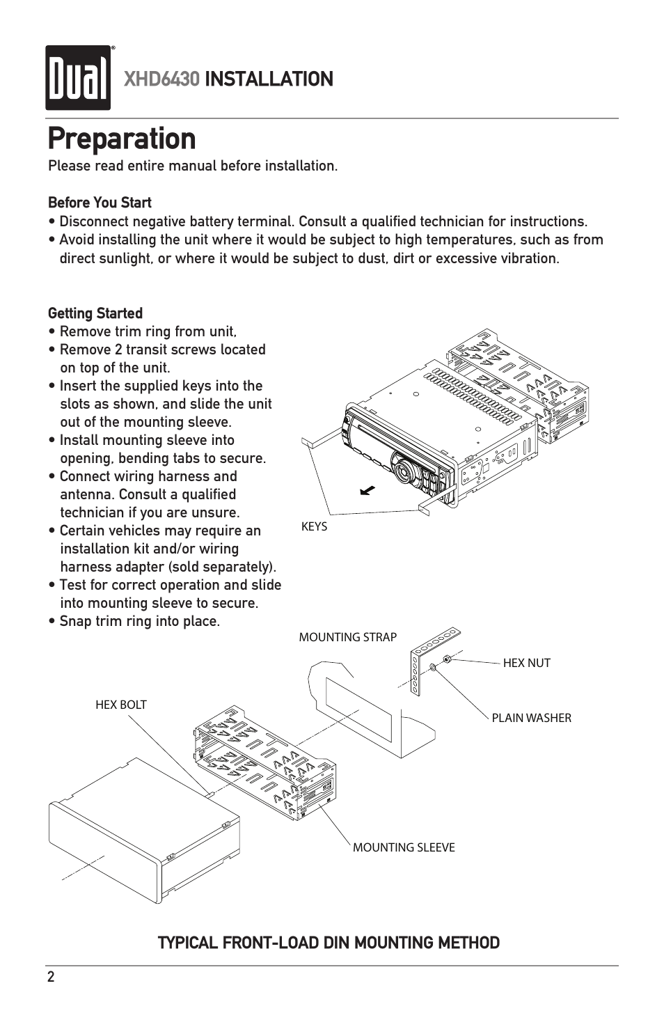 Preparation, Xhd6430 installation | Dual XHD6430 User Manual | Page 2 / 32