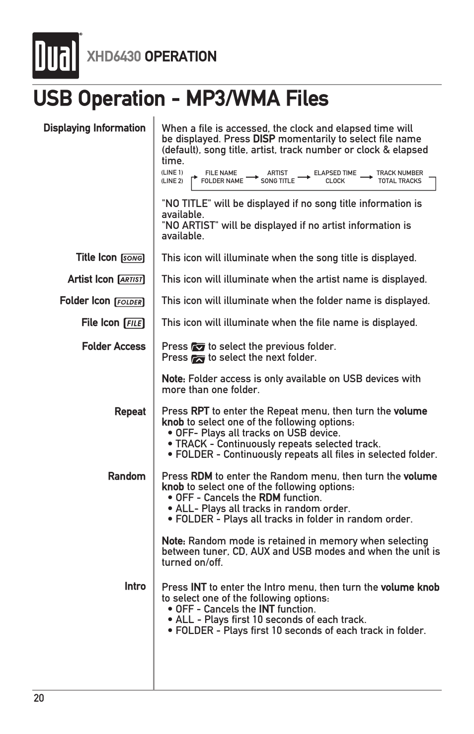 Usb operation - mp3/wma files, Xhd6430 operation | Dual XHD6430 User Manual | Page 20 / 32