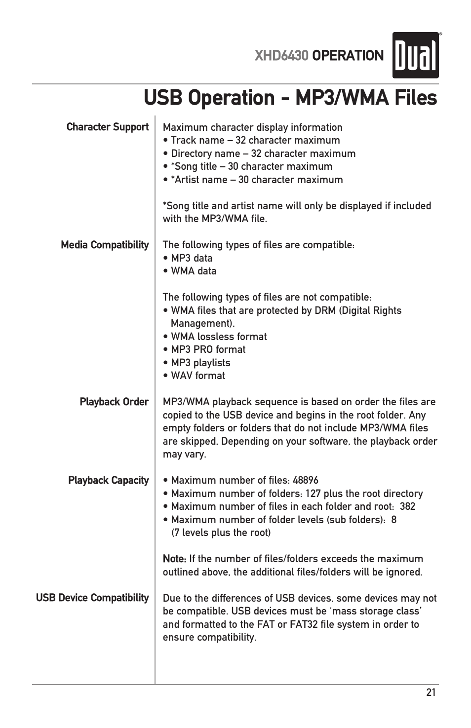 Usb operation - mp3/wma files, Xhd6430 operation | Dual XHD6430 User Manual | Page 21 / 32