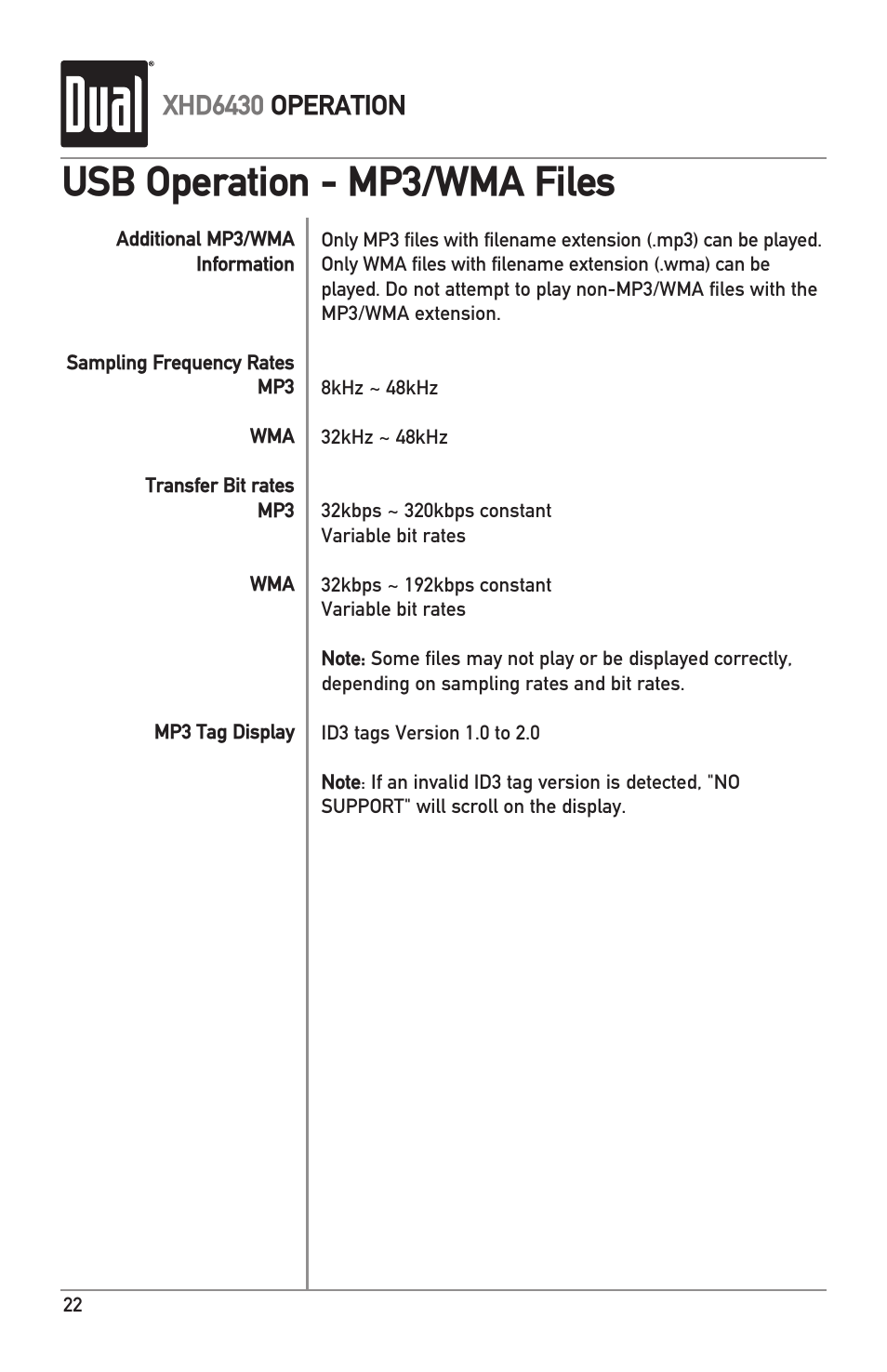 Usb operation - mp3/wma files, Xhd6430 operation | Dual XHD6430 User Manual | Page 22 / 32