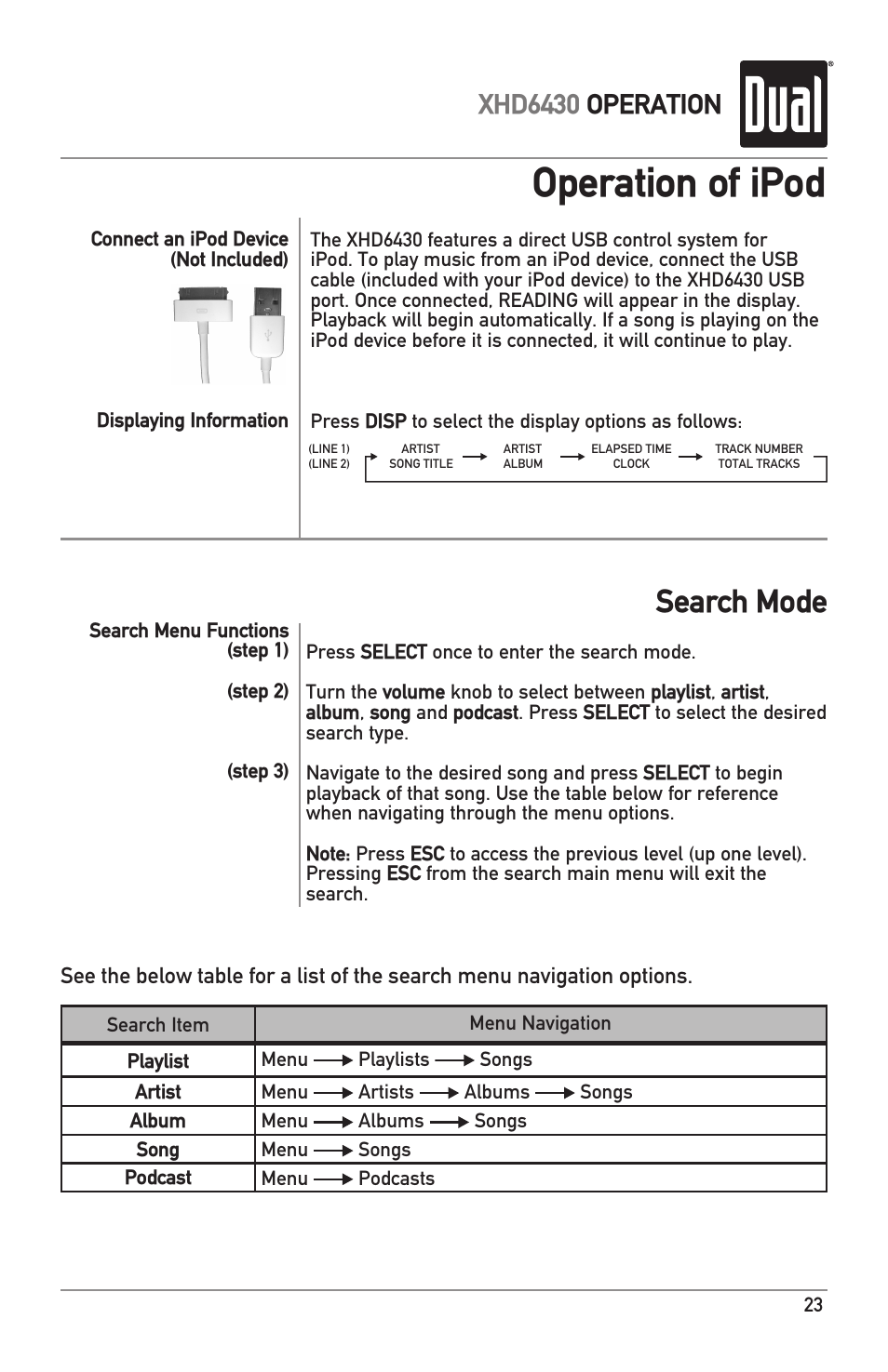 Operation of ipod, Search mode, Xhd6430 operation | Dual XHD6430 User Manual | Page 23 / 32