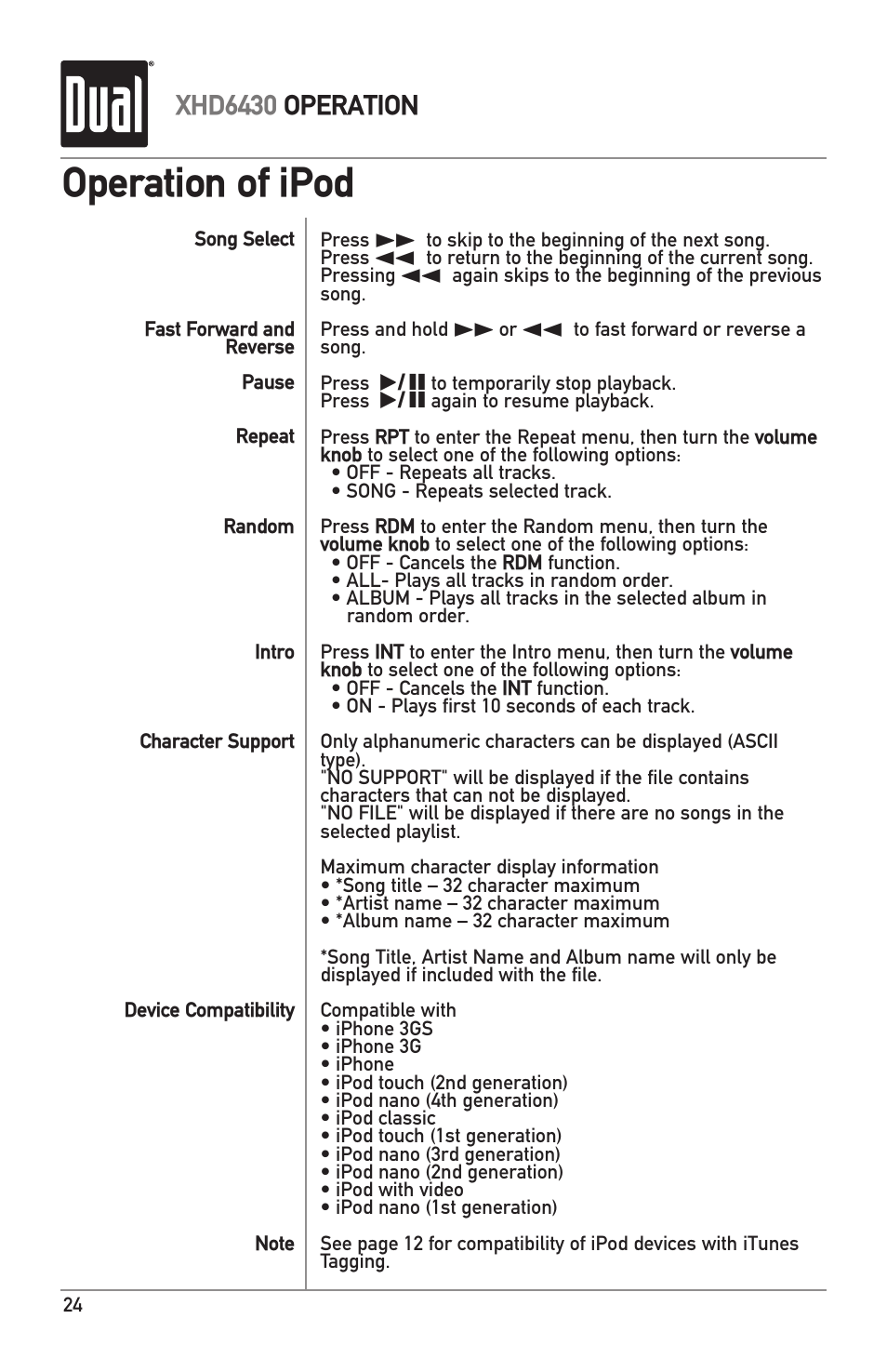 Operation of ipod, Xhd6430 operation | Dual XHD6430 User Manual | Page 24 / 32