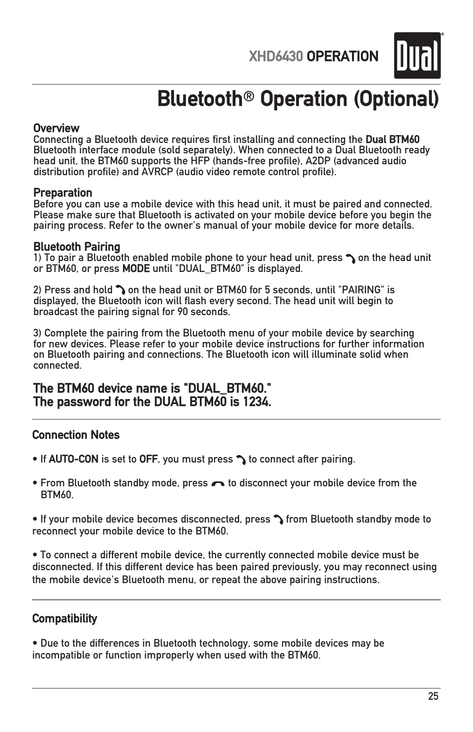 Bluetooth, Operation (optional), Xhd6430 operation | Dual XHD6430 User Manual | Page 25 / 32