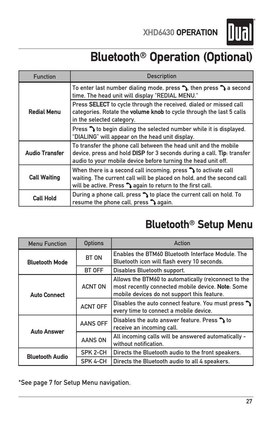 Bluetooth, Operation (optional), Setup menu | Xhd6430 operation | Dual XHD6430 User Manual | Page 27 / 32