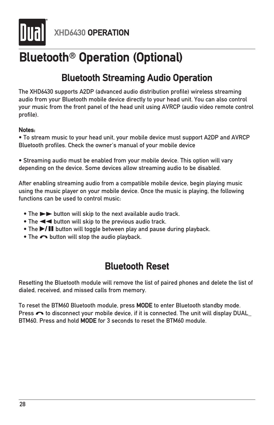 Bluetooth, Operation (optional), Bluetooth streaming audio operation | Bluetooth reset | Dual XHD6430 User Manual | Page 28 / 32