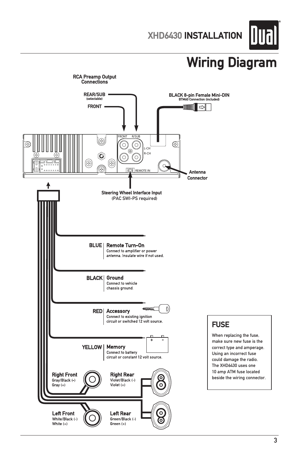 Wiring diagram, Xhd6430 installation, Fuse | Dual XHD6430 User Manual | Page 3 / 32