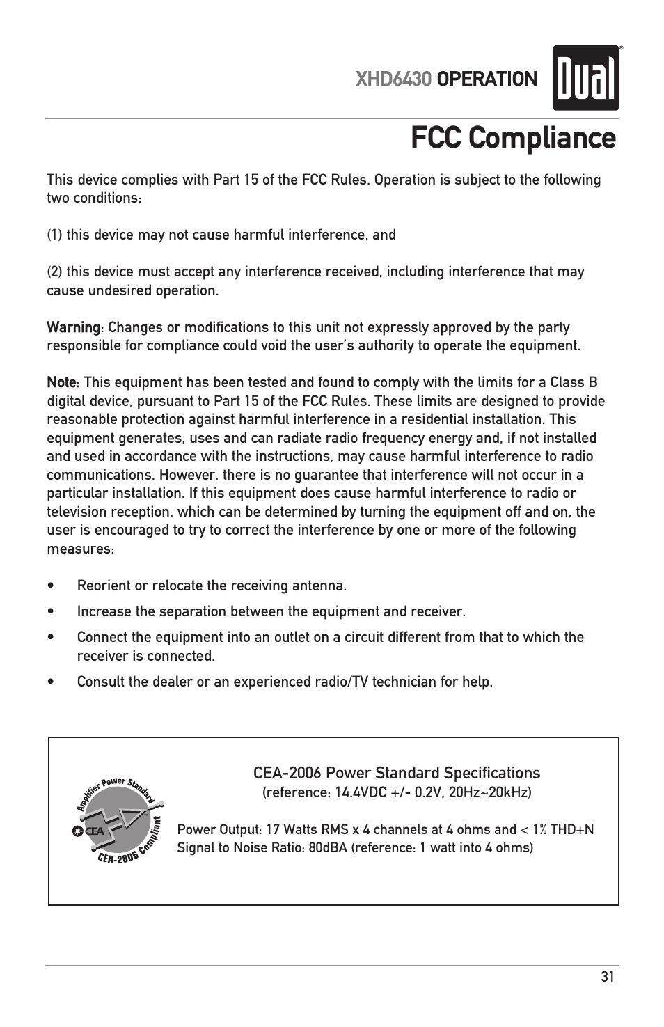 Fcc compliance, Xhd6430 operation | Dual XHD6430 User Manual | Page 31 / 32