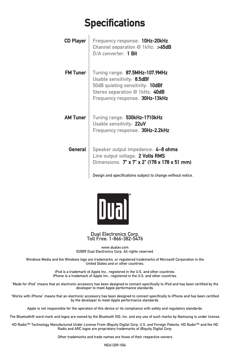Specifications | Dual XHD6430 User Manual | Page 32 / 32