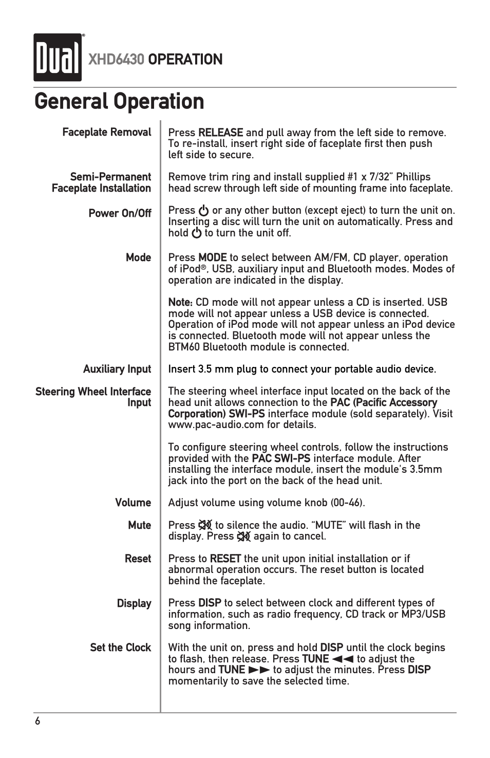 General operation, Xhd6430 operation | Dual XHD6430 User Manual | Page 6 / 32