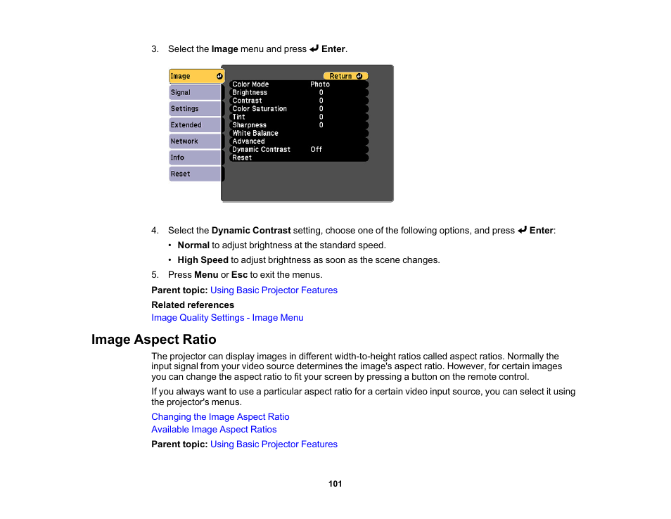 Image aspect ratio | Epson LightScene EV-115 2200-Lumen WXGA Laser 3LCD Projector (Black) User Manual | Page 101 / 210