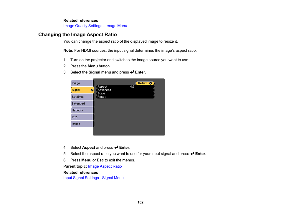 Changing the image aspect ratio | Epson LightScene EV-115 2200-Lumen WXGA Laser 3LCD Projector (Black) User Manual | Page 102 / 210