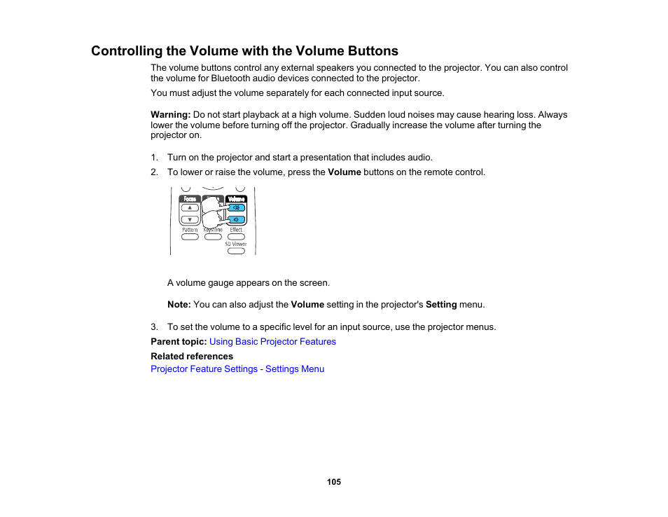 Controlling the volume with the volume buttons | Epson LightScene EV-115 2200-Lumen WXGA Laser 3LCD Projector (Black) User Manual | Page 105 / 210