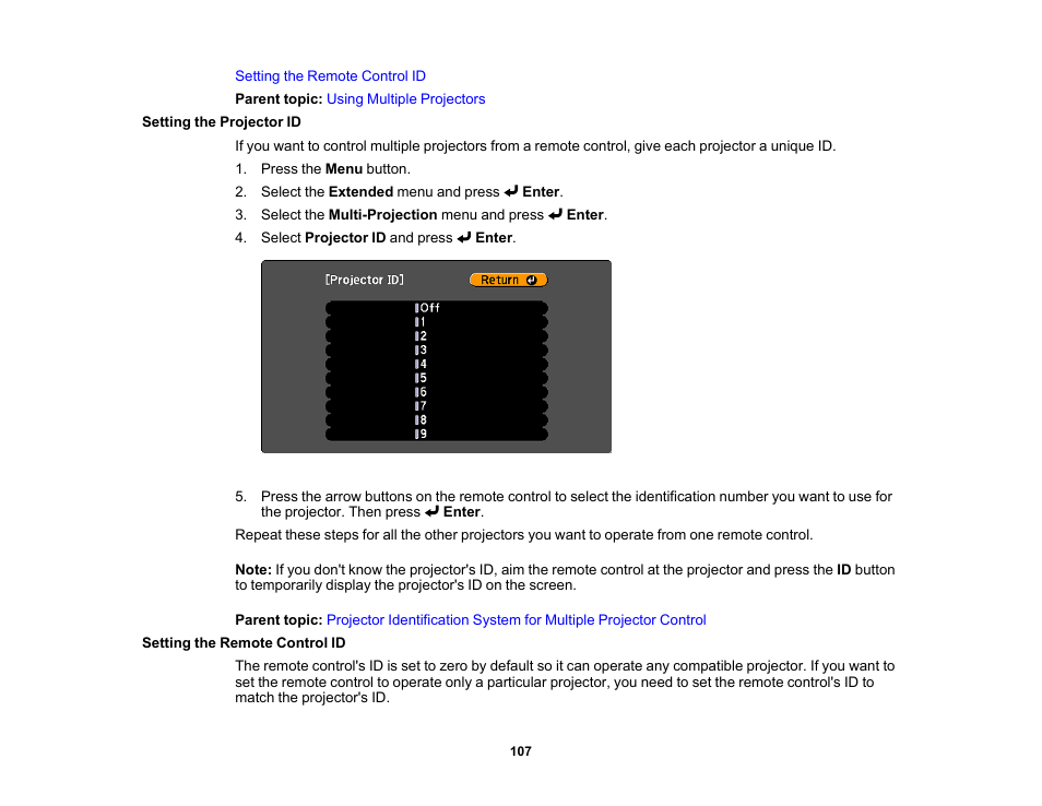 Setting the projector id, Setting the remote control id | Epson LightScene EV-115 2200-Lumen WXGA Laser 3LCD Projector (Black) User Manual | Page 107 / 210