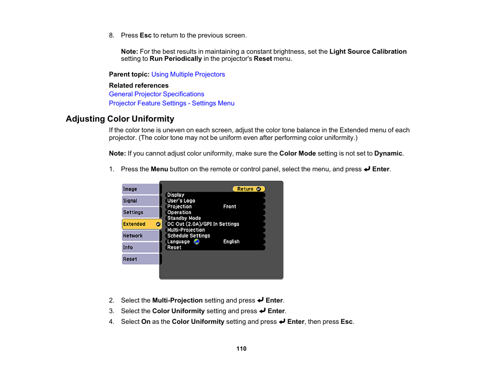 Adjusting color uniformity | Epson LightScene EV-115 2200-Lumen WXGA Laser 3LCD Projector (Black) User Manual | Page 110 / 210