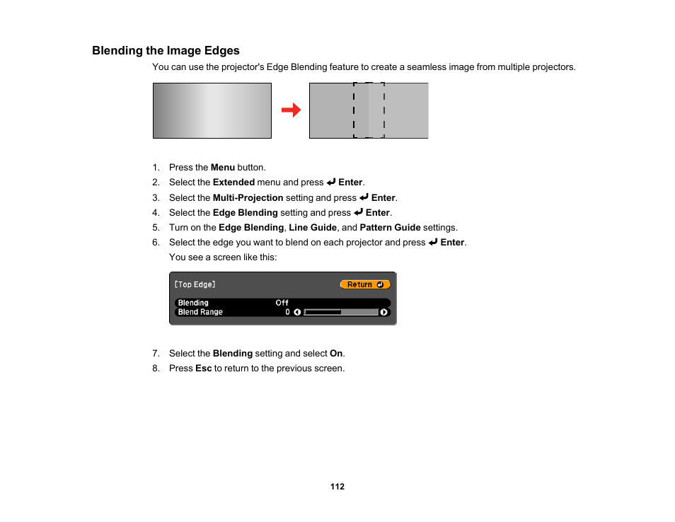 Blending the image edges | Epson LightScene EV-115 2200-Lumen WXGA Laser 3LCD Projector (Black) User Manual | Page 112 / 210