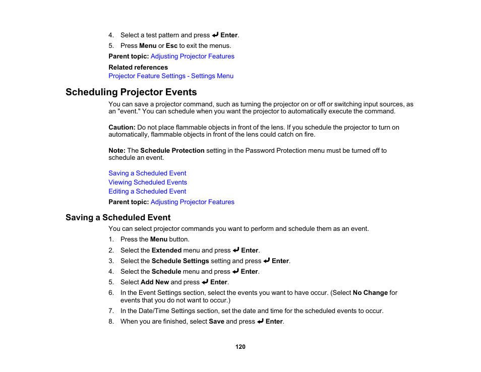 Scheduling projector events, Saving a scheduled event | Epson LightScene EV-115 2200-Lumen WXGA Laser 3LCD Projector (Black) User Manual | Page 120 / 210