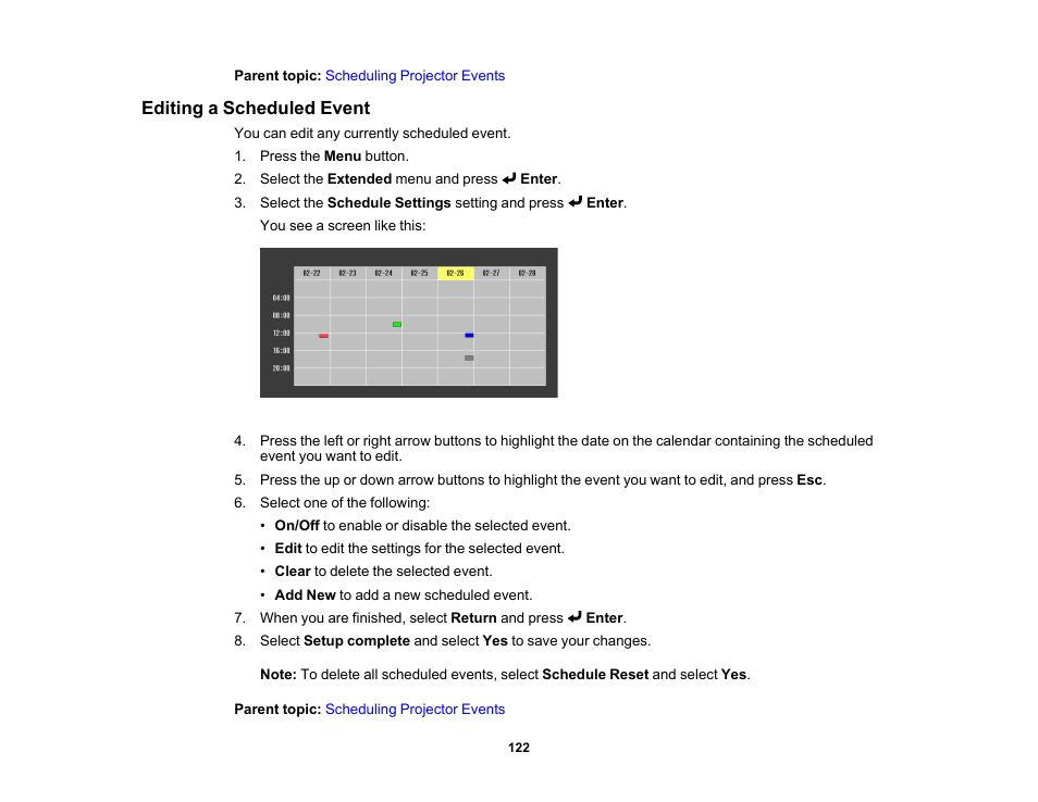 Editing a scheduled event | Epson LightScene EV-115 2200-Lumen WXGA Laser 3LCD Projector (Black) User Manual | Page 122 / 210