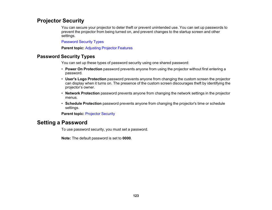 Projector security, Password security types, Setting a password | Projector security setting a password | Epson LightScene EV-115 2200-Lumen WXGA Laser 3LCD Projector (Black) User Manual | Page 123 / 210