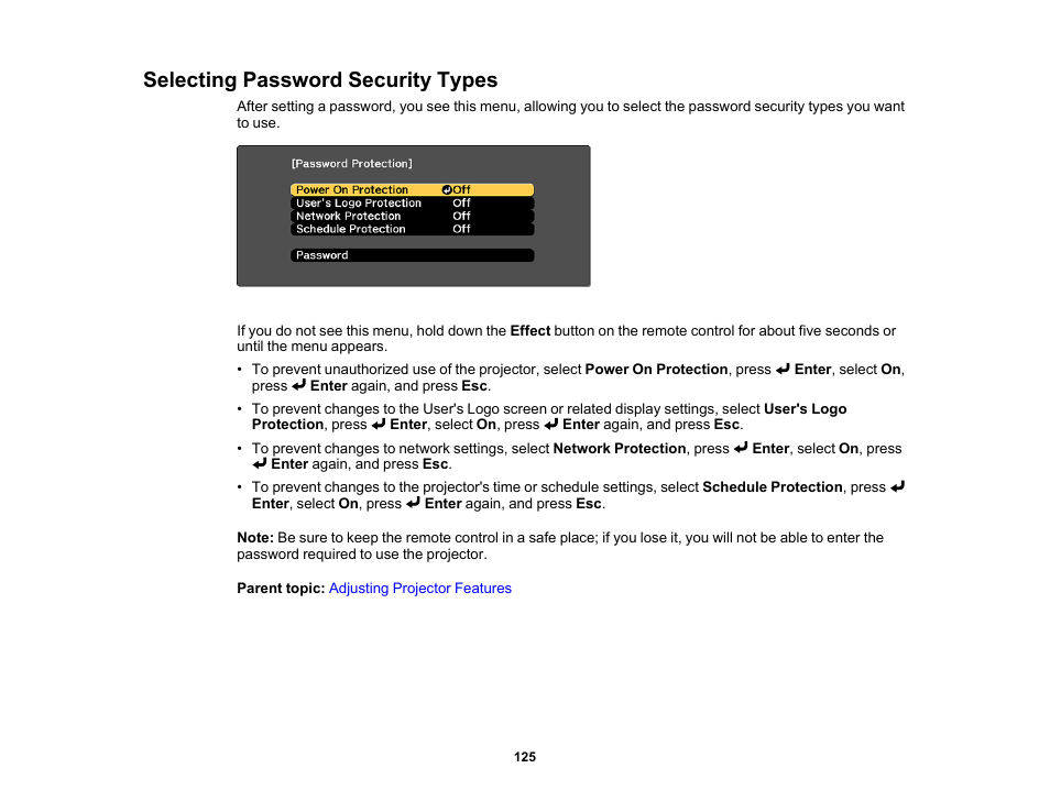 Selecting password security types | Epson LightScene EV-115 2200-Lumen WXGA Laser 3LCD Projector (Black) User Manual | Page 125 / 210