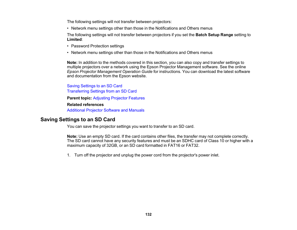 Saving settings to an sd card | Epson LightScene EV-115 2200-Lumen WXGA Laser 3LCD Projector (Black) User Manual | Page 132 / 210