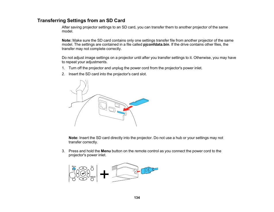 Transferring settings from an sd card | Epson LightScene EV-115 2200-Lumen WXGA Laser 3LCD Projector (Black) User Manual | Page 134 / 210