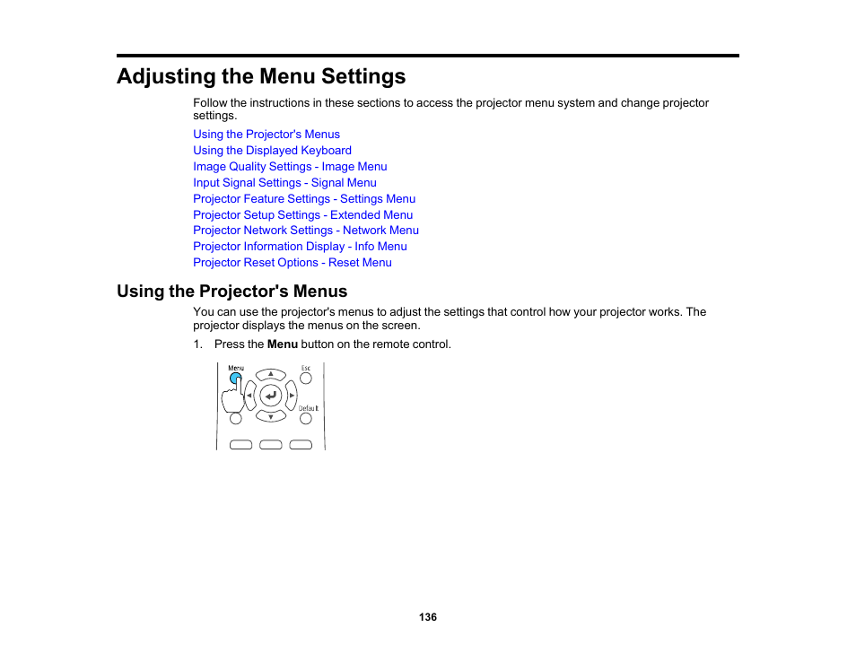 Adjusting the menu settings, Using the projector's menus | Epson LightScene EV-115 2200-Lumen WXGA Laser 3LCD Projector (Black) User Manual | Page 136 / 210