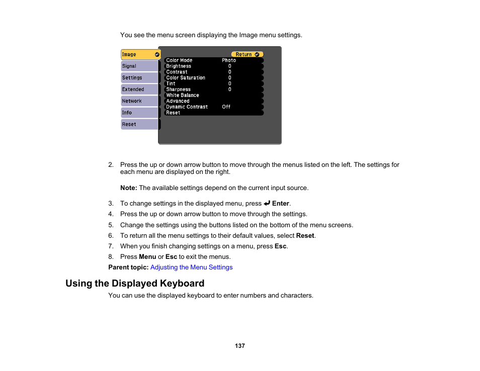 Using the displayed keyboard | Epson LightScene EV-115 2200-Lumen WXGA Laser 3LCD Projector (Black) User Manual | Page 137 / 210